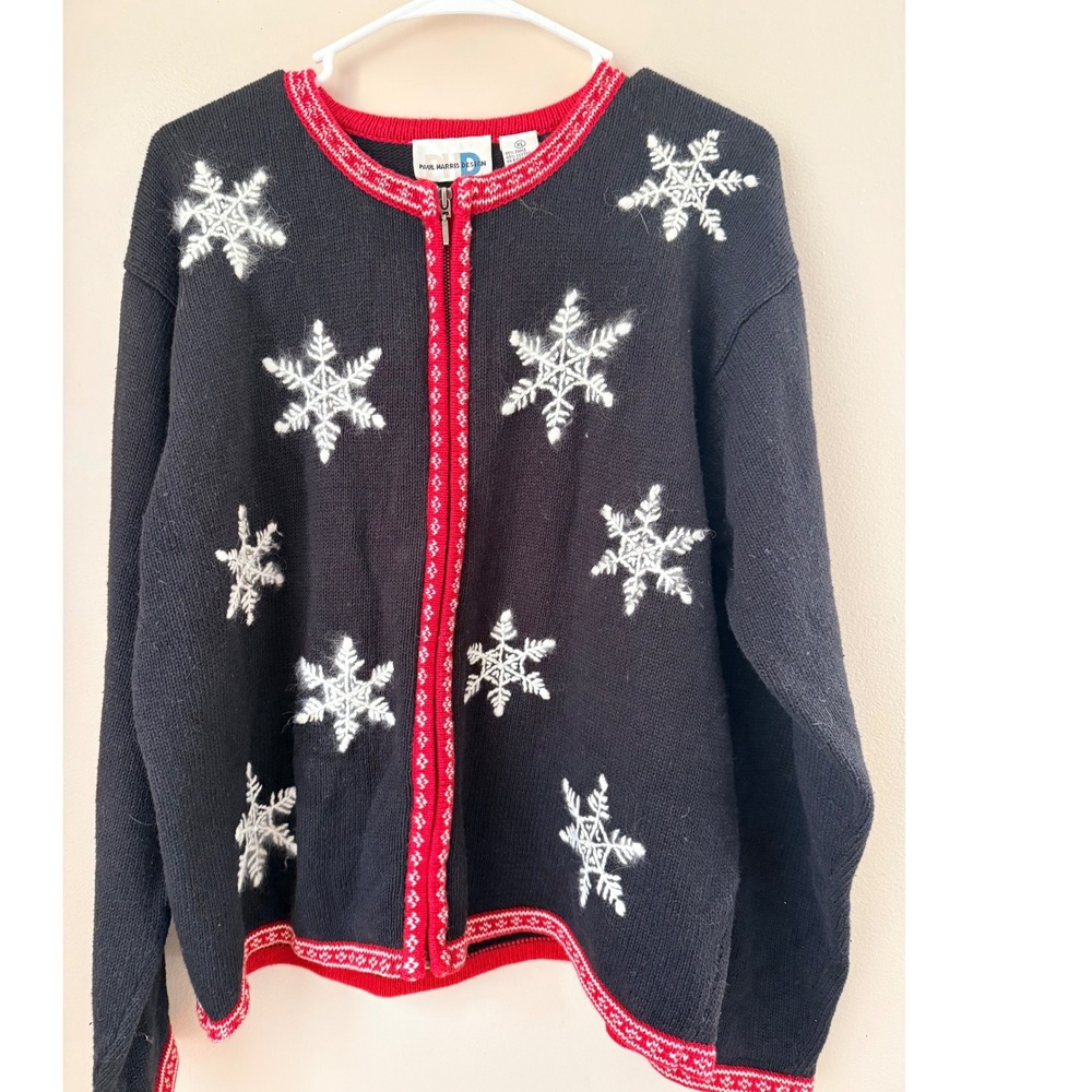 VTG Paul Harris Design Black Snowflake Winter Christmas Sweater XL Holiday Retro